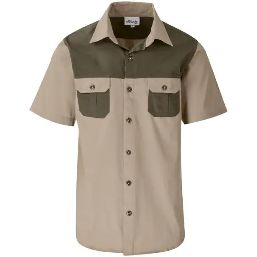 Mens Short Sleeve Serengeti 2-Tone Bush Shirt Stone Military Green Front